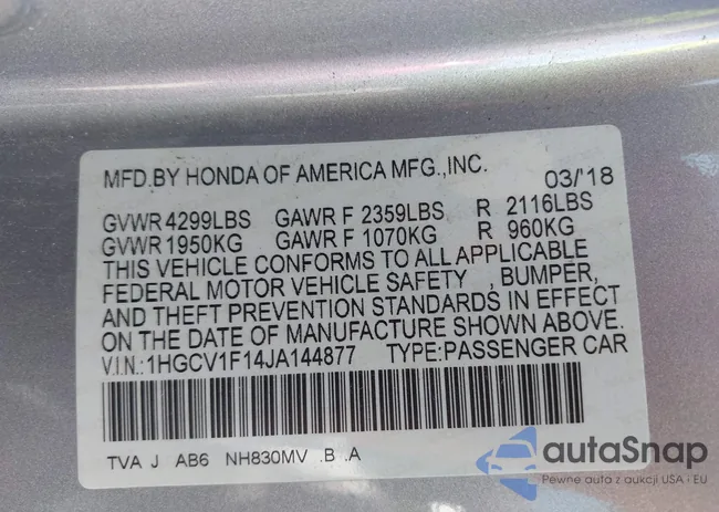 1HGCV1F14JA144877: 43329497