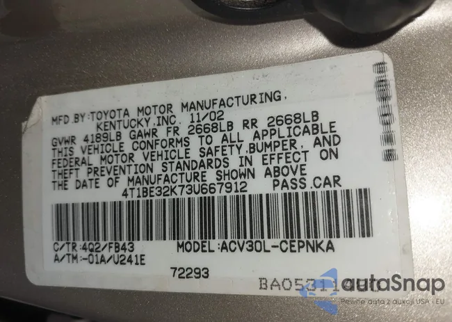 4T1BE32K73U667912: 43330710