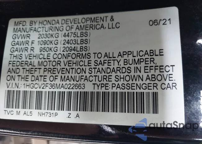 1HGCV2F36MA022663: 43330982