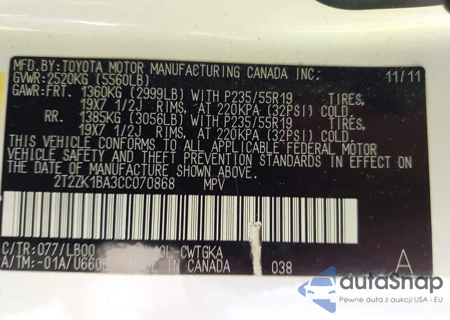 2T2ZK1BA3CC070868: 43330662