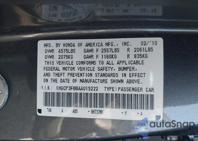 1HGCP3F88AA015222: 43330681