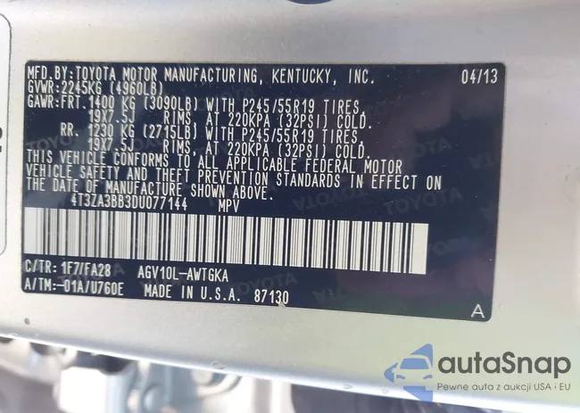 4T3ZA3BB3DU077144: 43332567