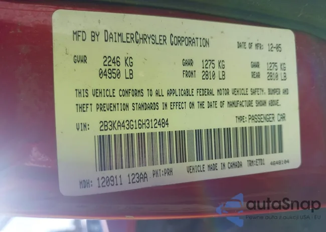 2B3KA43G16H312484: 43334105