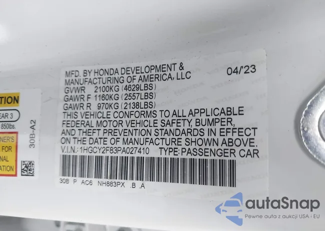 1HGCY2F83PA027410: 43334582