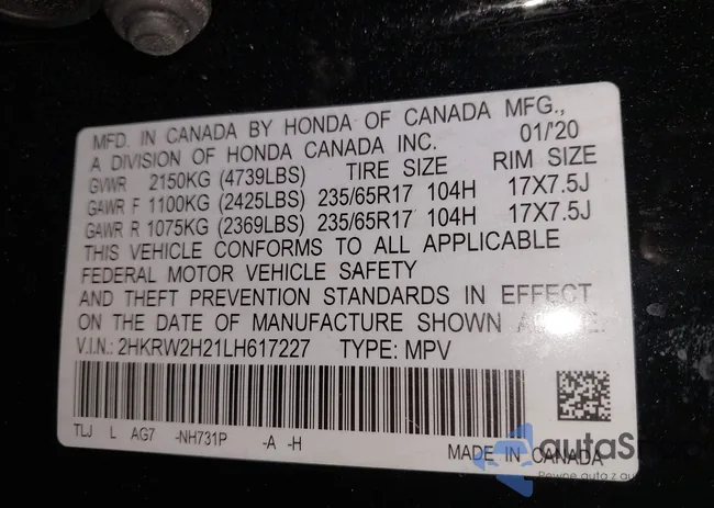 2HKRW2H21LH617227: 43335987