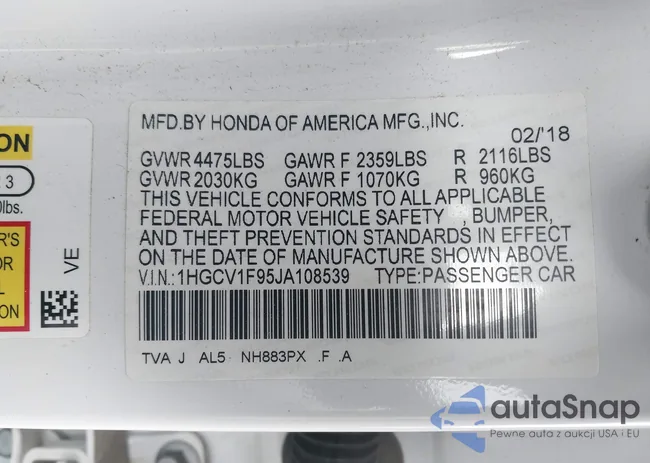 1HGCV1F95JA108539: 43335321