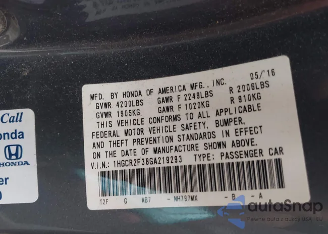 1HGCR2F38GA219293: 43336338