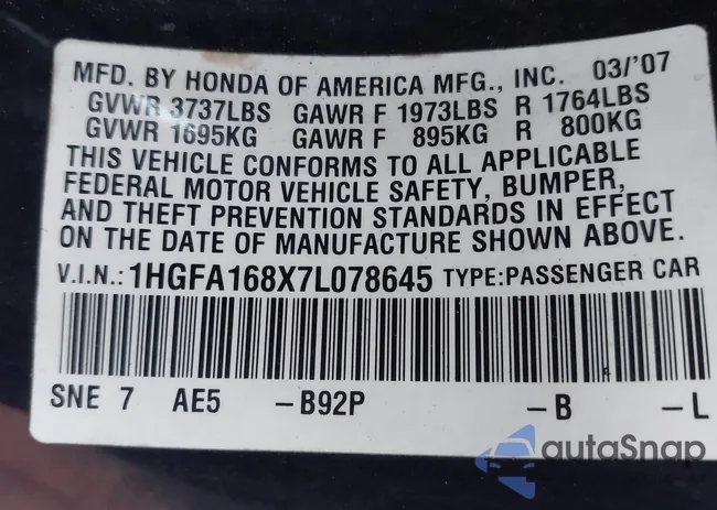 1HGFA168X7L078645: 43336660