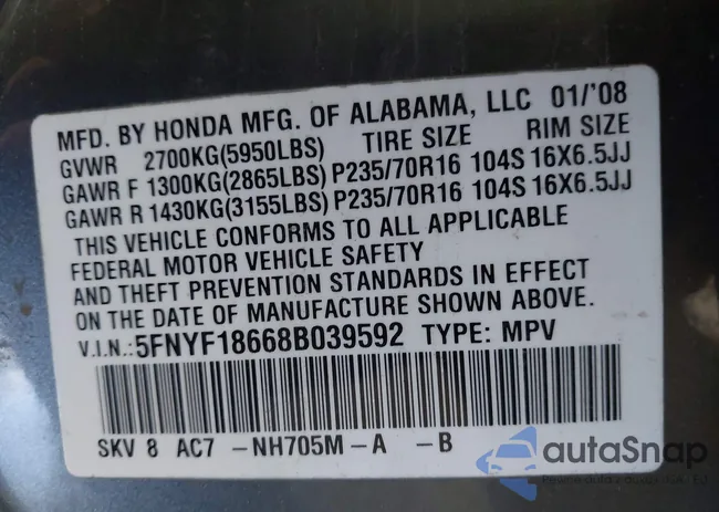 5FNYF18668B039592: 43337443