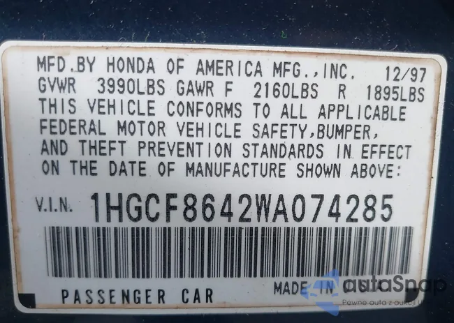 1HGCF8642WA074285: 43337578
