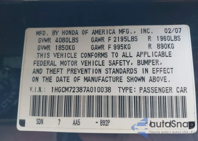 1HGCM72387A010038: 43338516