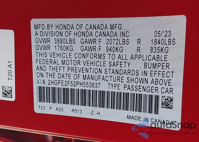 2HGFE2F52PH553637: 43340000