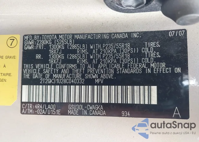 2T2GK31U28C040332: 43340803