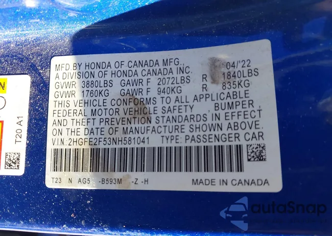 2HGFE2F53NH581041: 43341245