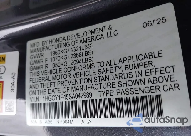 1HGCY1F45SA042989: 43341257