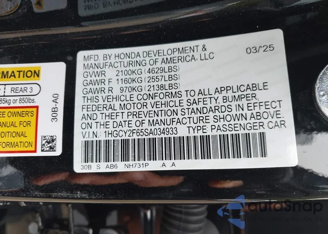 1HGCY2F65SA034933: 43340510