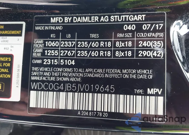 WDC0G4JB5JV019645: 43340604