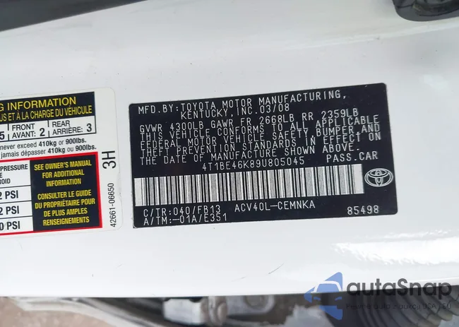 4T1BE46K89U805045: 43341885