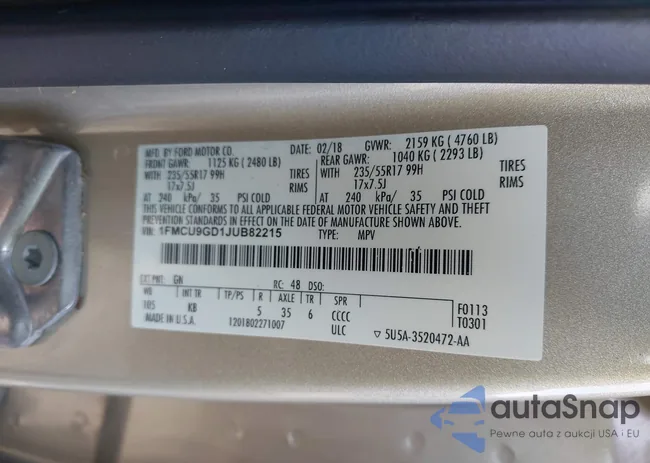 1FMCU9GD1JUB82215: 43342211