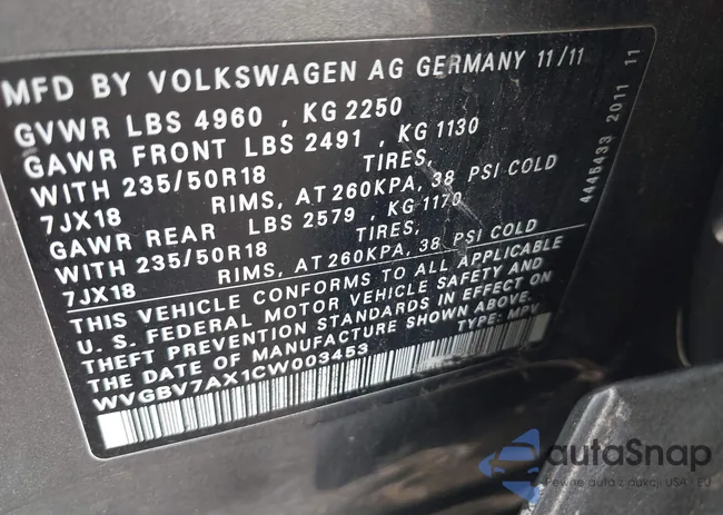 WVGBV7AX1CW003453: 43341302