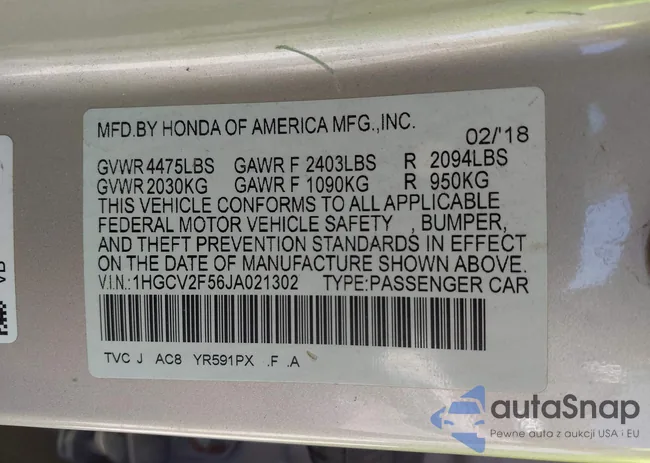 1HGCV2F56JA021302: 43341593