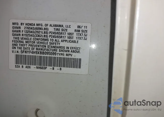 5FNYF4H9XBB095599: 43342908