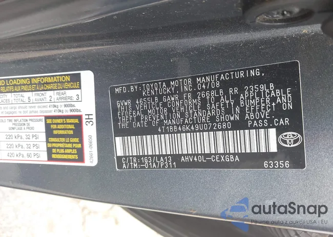 4T1BB46K49U072680: 43342982