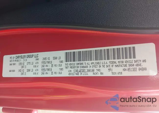 1C4BJWEG6EL300100: 43343212