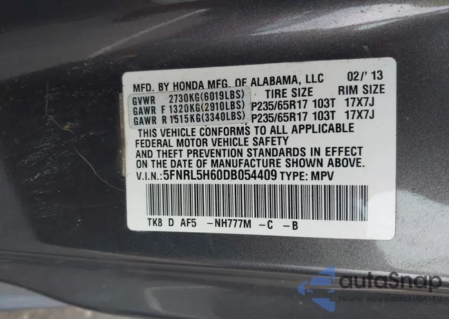 5FNRL5H60DB054409: 43342617