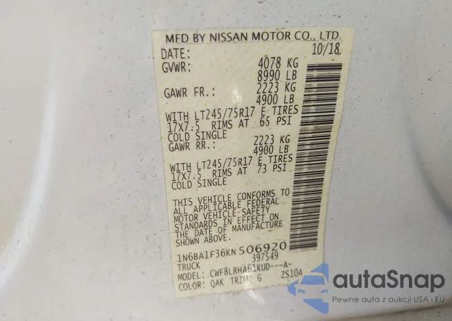 1N6BA1F36KN506920: 43343924