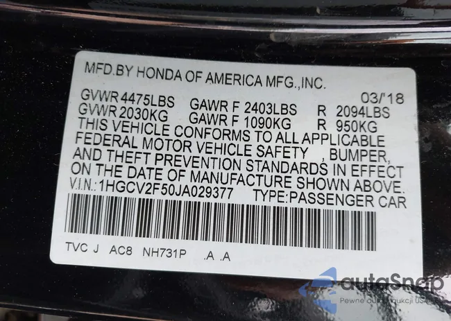 1HGCV2F50JA029377: 43343306