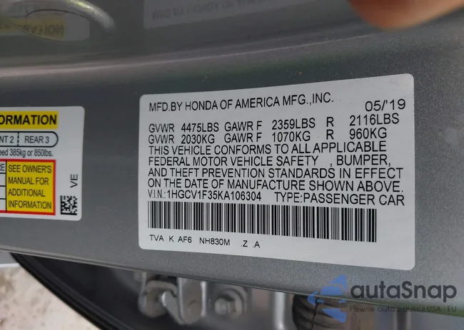 1HGCV1F35KA106304: 43346279