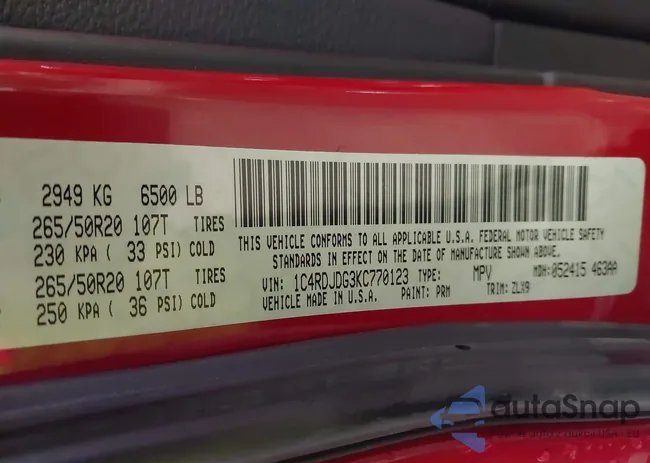 1C4RDJDG3KC770123: 43345328