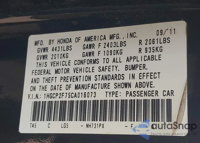 1HGCP2F75CA016073: 43345474