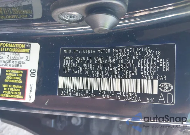 2T1BURHE7JC062908: 43345492