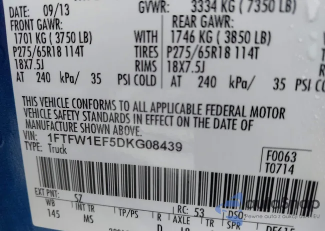 1FTFW1EF5DKG08439: 43345522