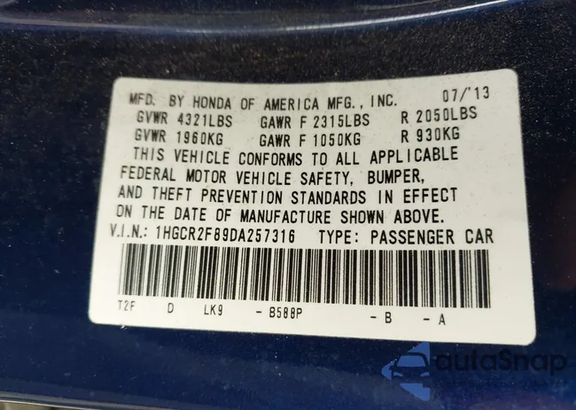 1HGCR2F89DA257316: 43346904