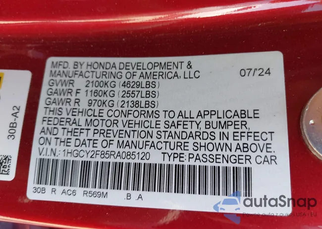 1HGCY2F85RA085120: 43347079