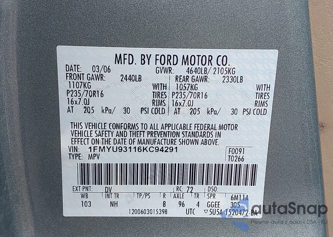 1FMYU93116KC94291: 43347585