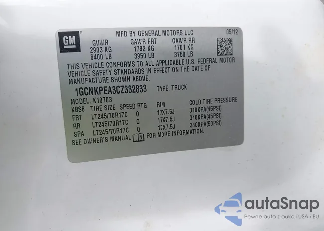 1GCNKPEA3CZ332833: 43347649