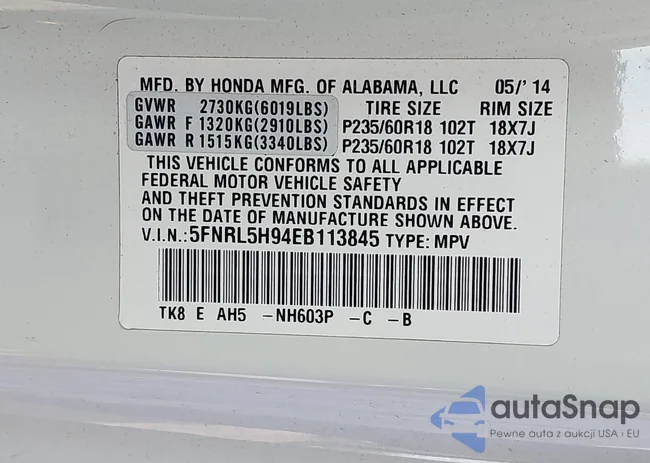 5FNRL5H94EB113845: 43348563