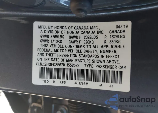 2HGFC2F67KH558582: 43349385