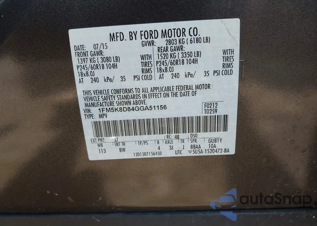 1FM5K8D84GGA51156: 43350688