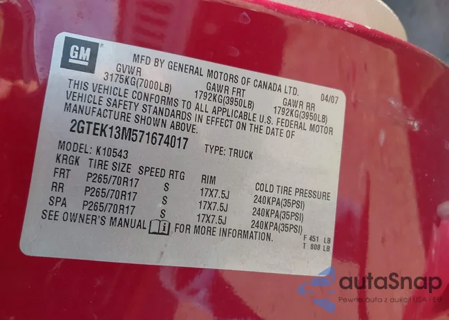 2GTEK13M571674017: 43350973