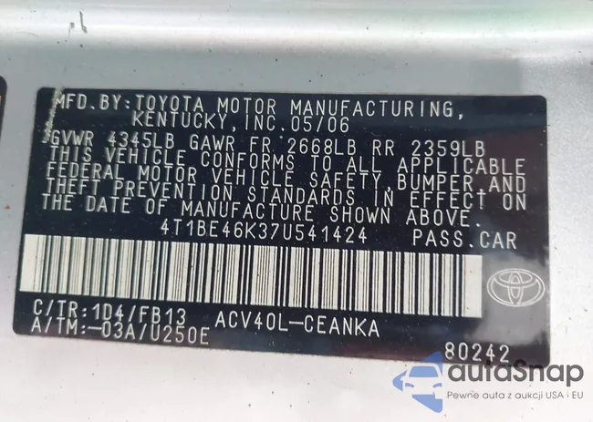 4T1BE46K37U541424: 43351180