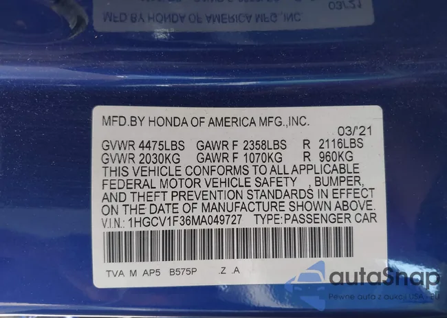 1HGCV1F36MA049727: 43351236