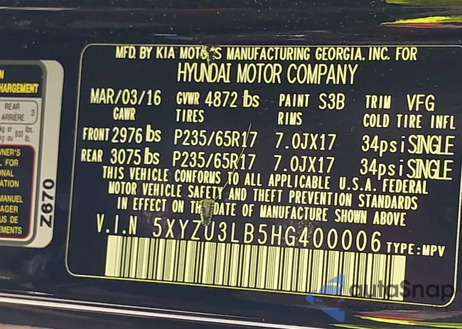 5XYZU3LB5HG400006: 43350620