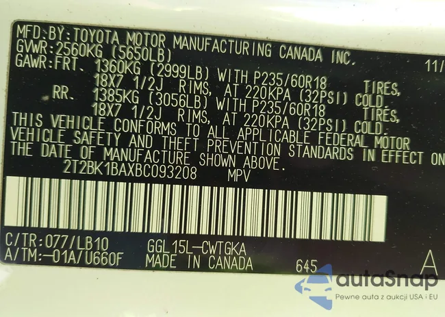 2T2BK1BAXBC093208: 43352100