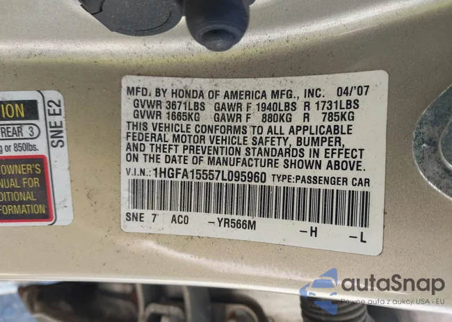 1HGFA15557L095960: 43352855