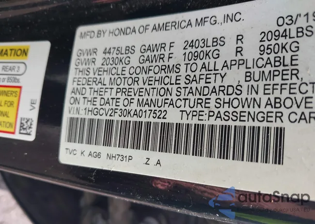 1HGCV2F30KA017522: 43352410